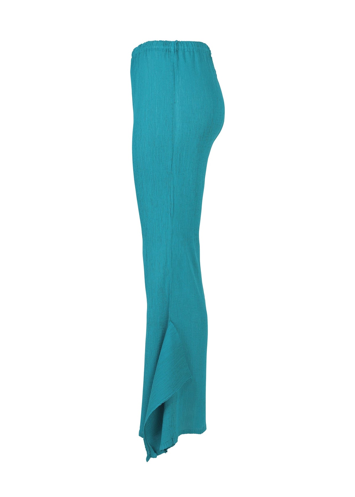 The FLAT SEE-THROUGH CREPE by me ISSEY MIYAKE is a turquoise, ankle-length skirt made from product-dyed fabric with a high-low hem and elastic waistband, shown in a side view against a white background. view 5 of 8