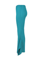 The FLAT SEE-THROUGH CREPE by me ISSEY MIYAKE is a turquoise, ankle-length skirt made from product-dyed fabric with a high-low hem and elastic waistband, shown in a side view against a white background.