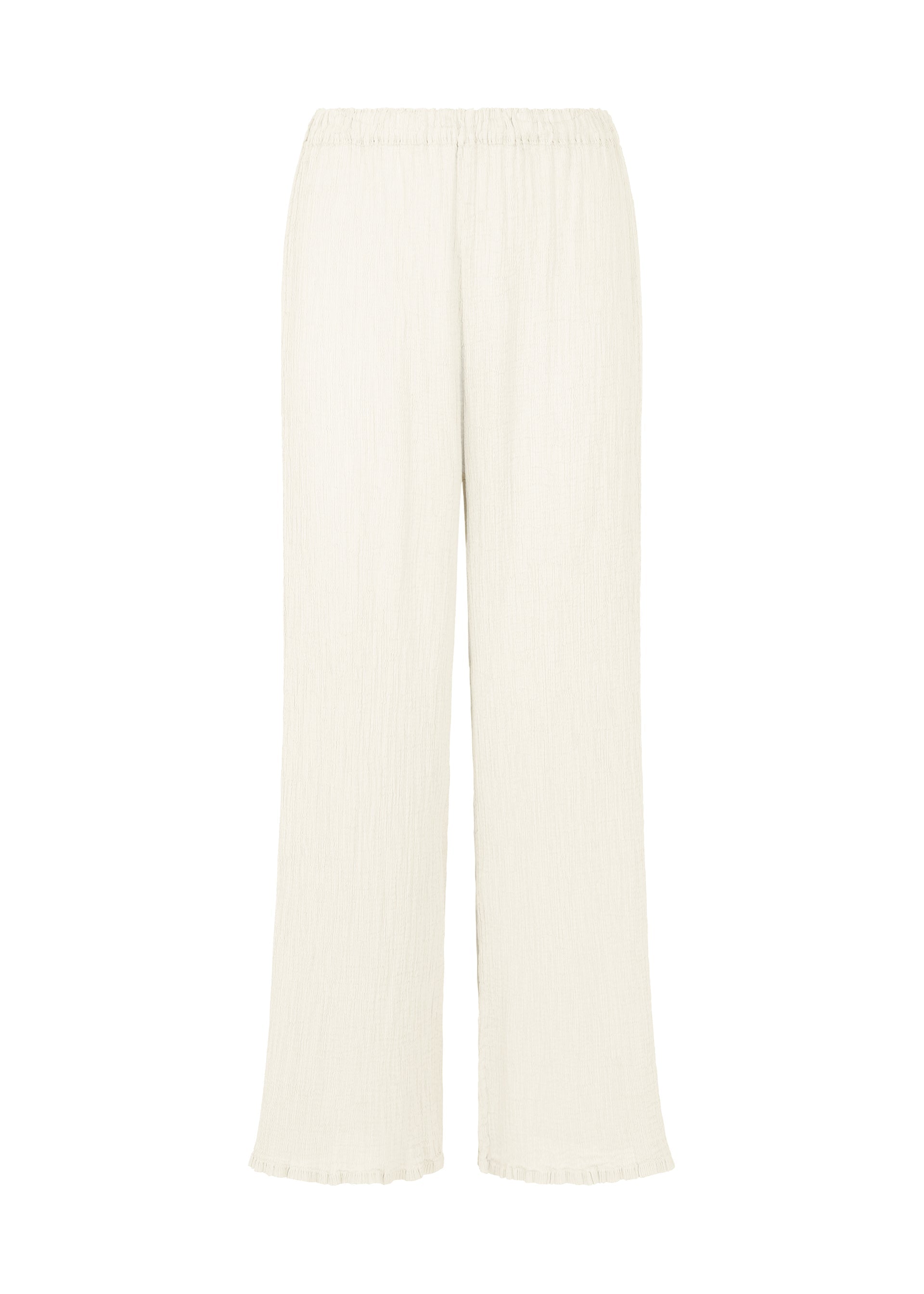 Zoomed view The SEE-THROUGH CREPE COLOR pants by me ISSEY MIYAKE are loose-fitting, full-length, straight cream or off-white pants with an elastic waistband and crinkled, product-dyed fabric, shown on a plain white background. - WHITE (no.01)