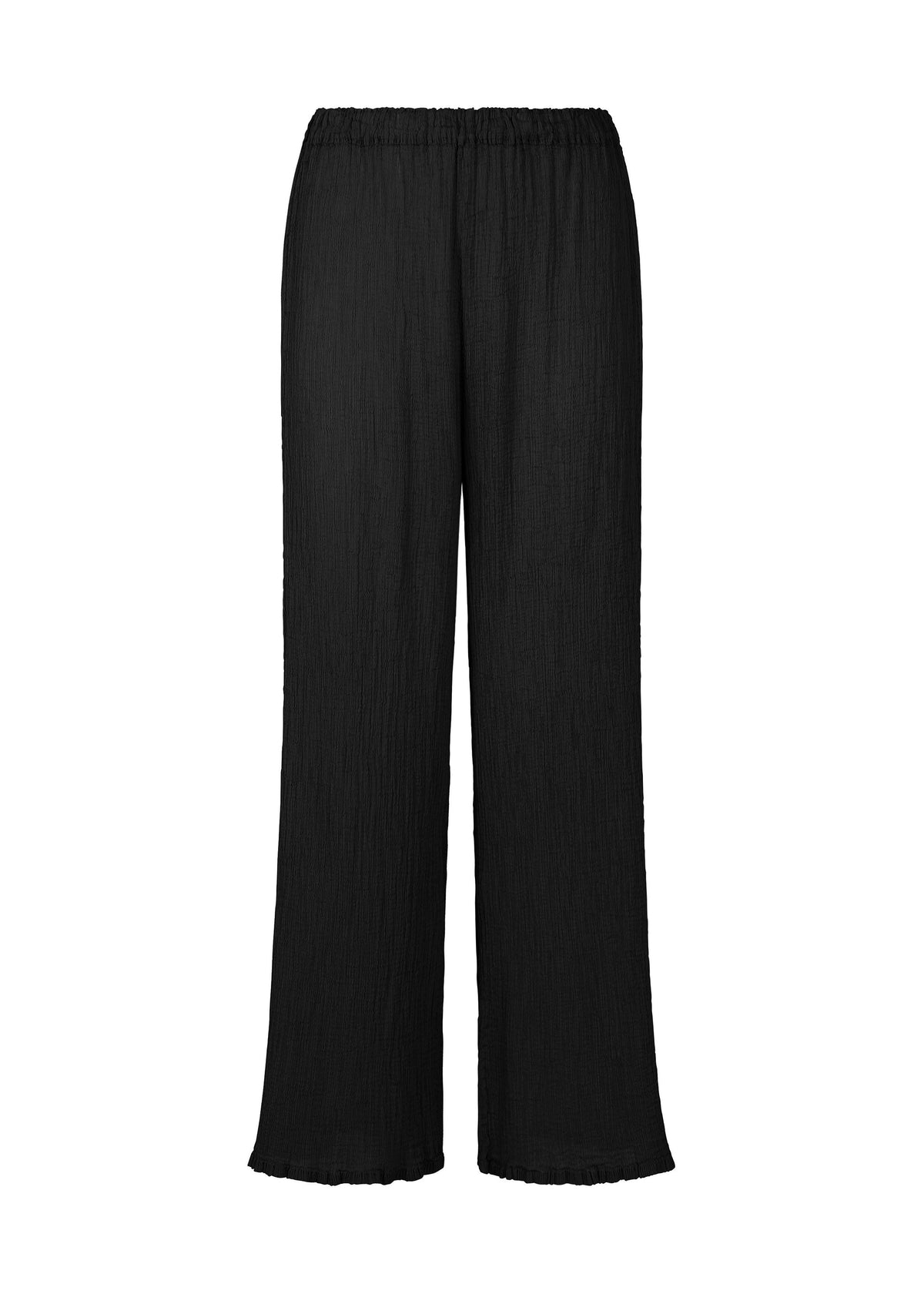 SEE-THROUGH CREPE COLOR wide-leg black pants by me ISSEY MIYAKE, featuring a straight cut, elastic waistband, and lightly textured product-dyed fabric, shown on a plain white background. view 2 of 6
