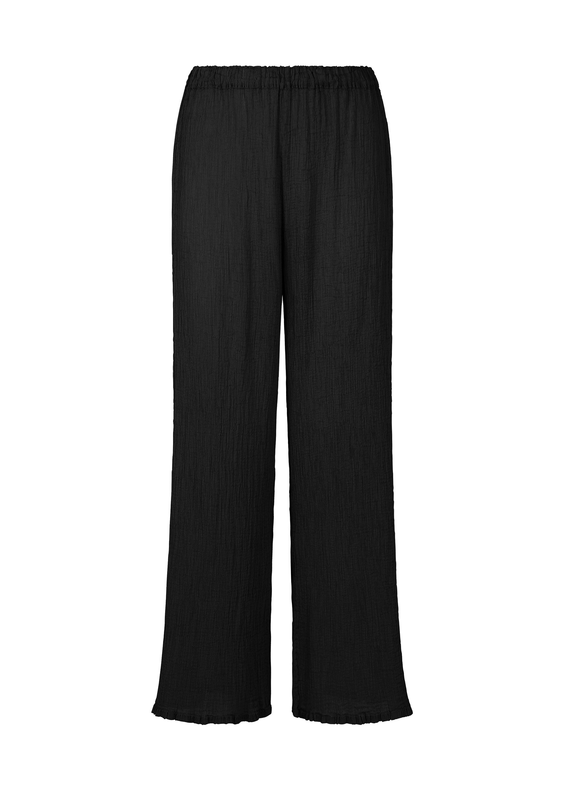 Zoomed view SEE-THROUGH CREPE COLOR wide-leg black pants by me ISSEY MIYAKE, featuring a straight cut, elastic waistband, and lightly textured product-dyed fabric, shown on a plain white background. - BLACK (no.15)