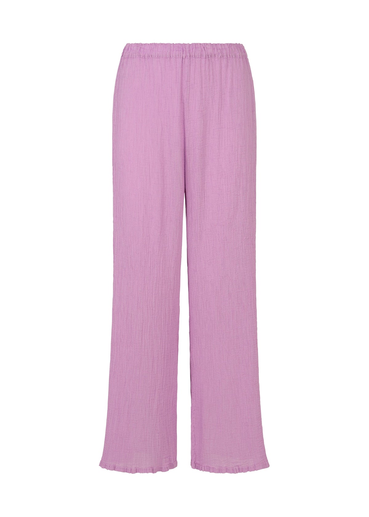 Loose-fitting, high-waisted lilac SEE-THROUGH CREPE COLOR pants by me ISSEY MIYAKE, featuring an elastic waistband, slightly flared legs, and lightweight product-dyed fabric for a unique look. view 3 of 6