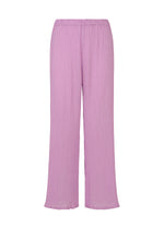 Loose-fitting, high-waisted lilac SEE-THROUGH CREPE COLOR pants by me ISSEY MIYAKE, featuring an elastic waistband, slightly flared legs, and lightweight product-dyed fabric for a unique look. - LILAC (no.20)