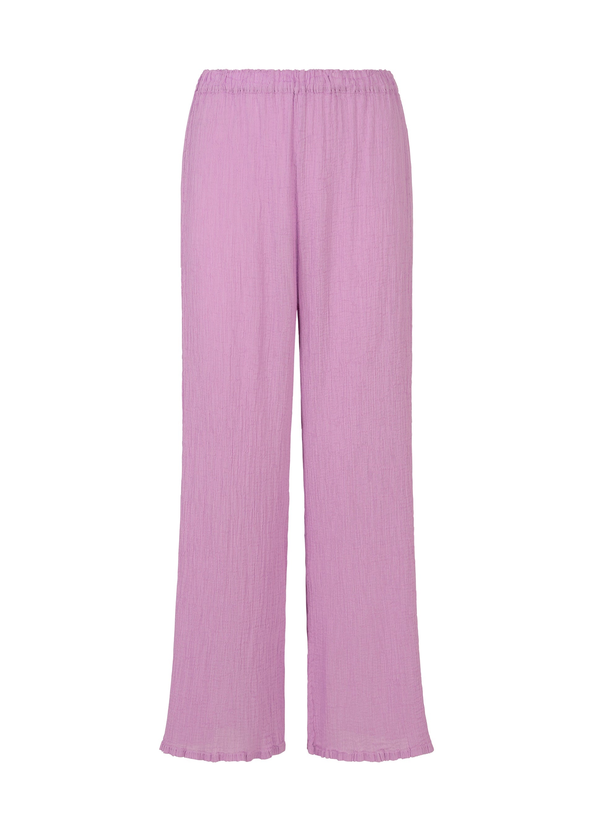 Zoomed view Loose-fitting, high-waisted lilac SEE-THROUGH CREPE COLOR pants by me ISSEY MIYAKE, featuring an elastic waistband, slightly flared legs, and lightweight product-dyed fabric for a unique look. - LILAC (no.20)