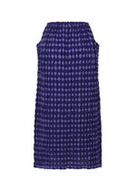 The DIAMOND FLOCKY CAULIFLOWER dress by me ISSEY MIYAKE is a sleeveless, knee-length cotton piece with a geometric checkerboard texture in dark and light blue, featuring a straight cut and minimalist design with no visible fasteners or embellishments.