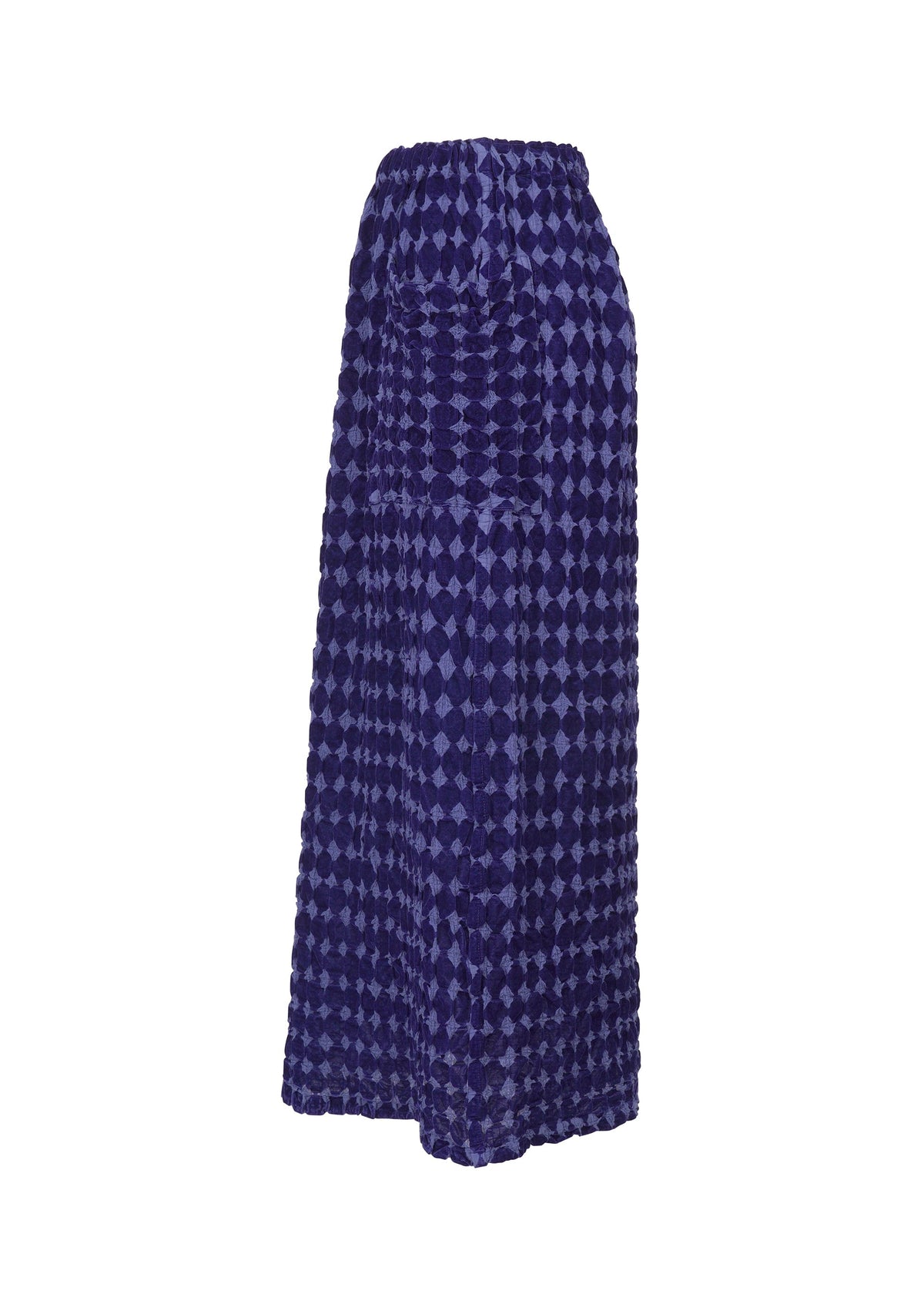 The DIAMOND FLOCKY CAULIFLOWER skirt by me ISSEY MIYAKE is a long, high-waisted cotton skirt with a blue and black check pattern, flocked texture, and an elastic waistband, shown on a white background. view 4 of 6