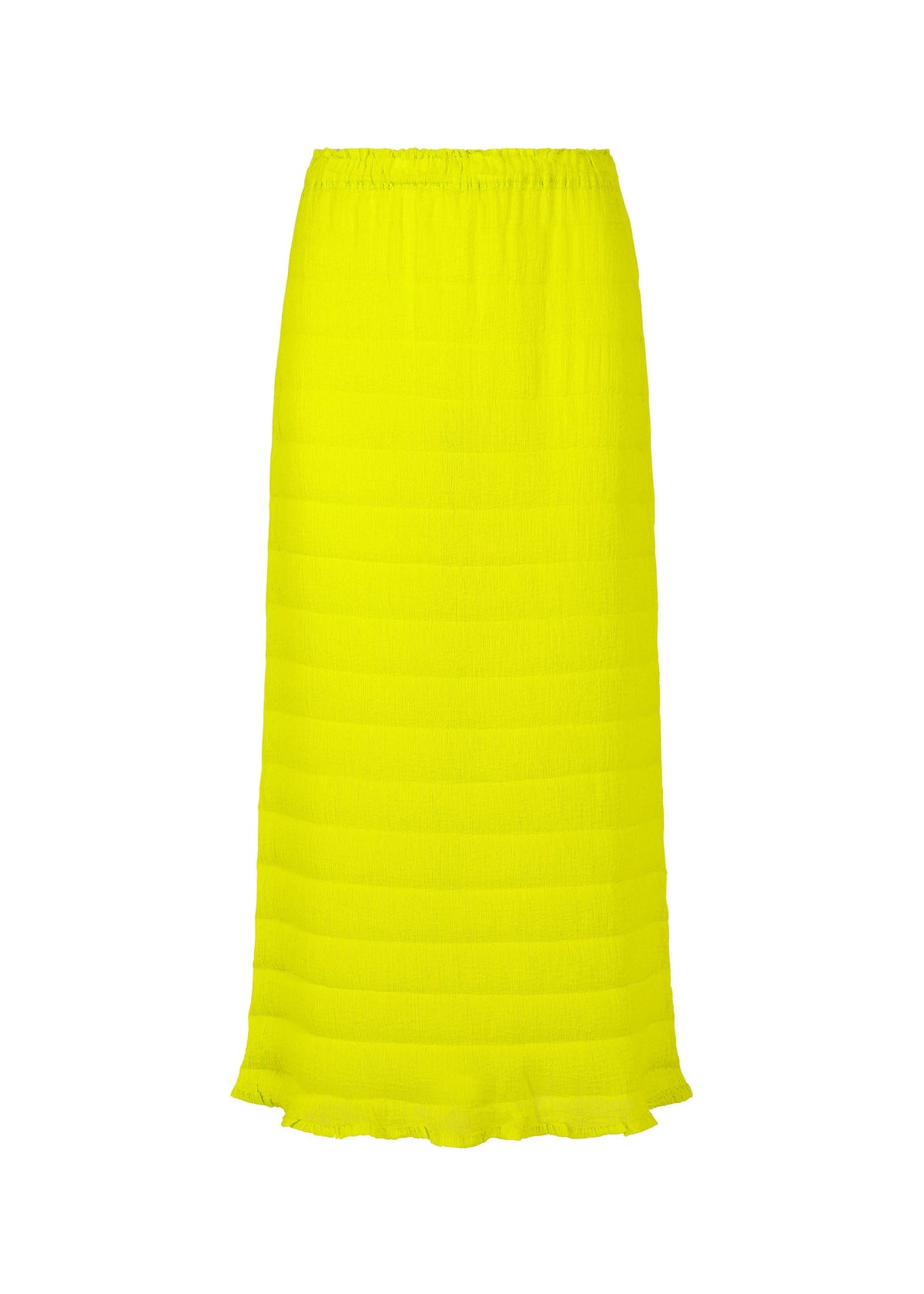 The RIPPLE SEE-THROUGH CREPE skirt by me ISSEY MIYAKE is a bright yellow, ankle-length piece with garment-dyed fabric, subtle horizontal textured stripes, a lightly ruffled hem, and a slightly elastic waistband. view 2 of 6