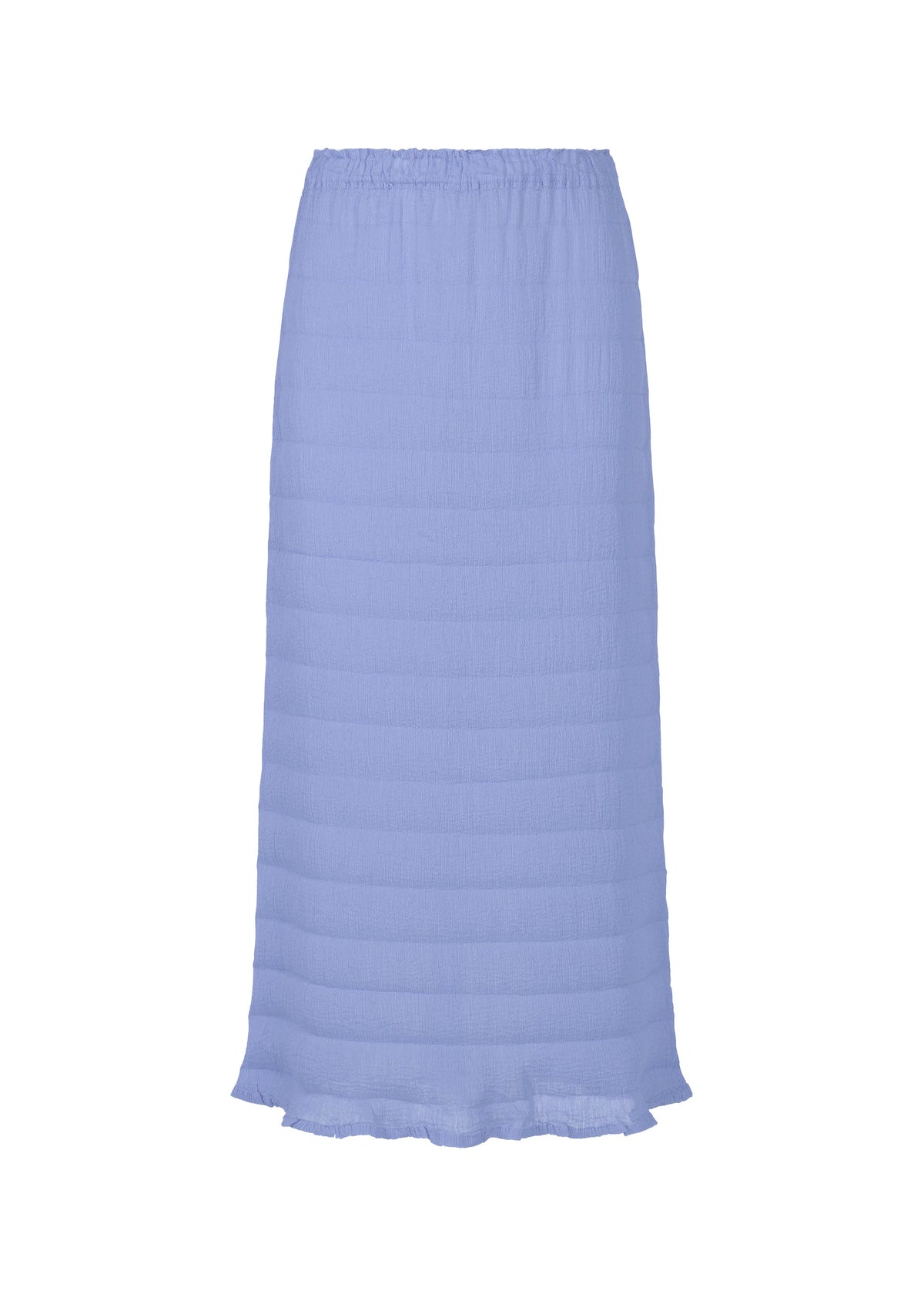 The RIPPLE SEE-THROUGH CREPE skirt by me ISSEY MIYAKE is ankle-length, light blue, and made from soft garment-dyed fabric with horizontal stitched lines. It has an elastic waistband and a slightly ruffled hem for extra charm. view 3 of 6