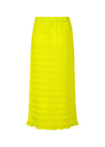 The RIPPLE SEE-THROUGH CREPE by me ISSEY MIYAKE is a bright yellow, ankle-length skirt featuring see-through crepe with subtle horizontal stripes, an elastic waistband, flared hem, and a lightweight, airy garment-dyed finish.