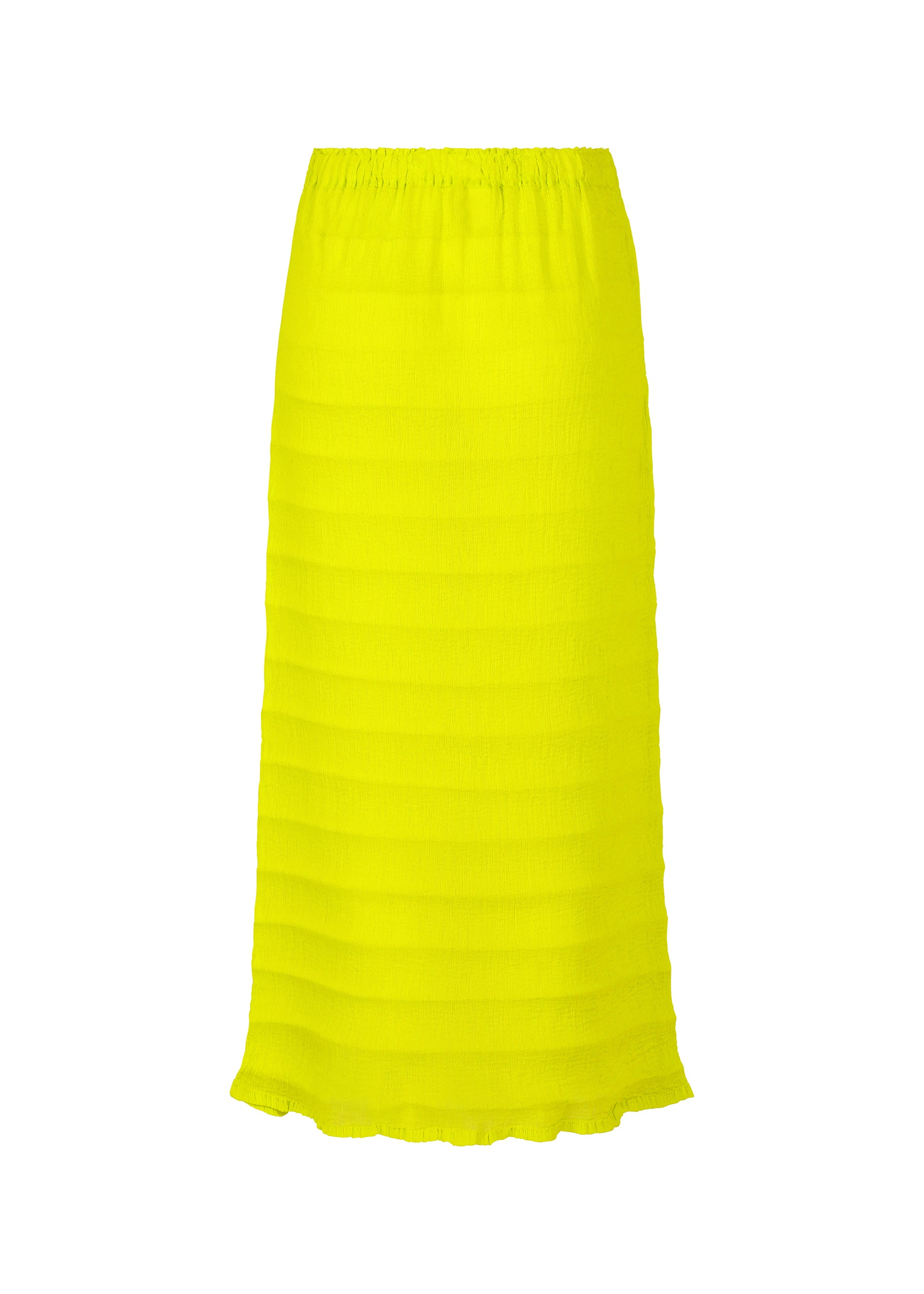 Zoomed view The RIPPLE SEE-THROUGH CREPE by me ISSEY MIYAKE is a bright yellow, ankle-length skirt featuring see-through crepe with subtle horizontal stripes, an elastic waistband, flared hem, and a lightweight, airy garment-dyed finish.