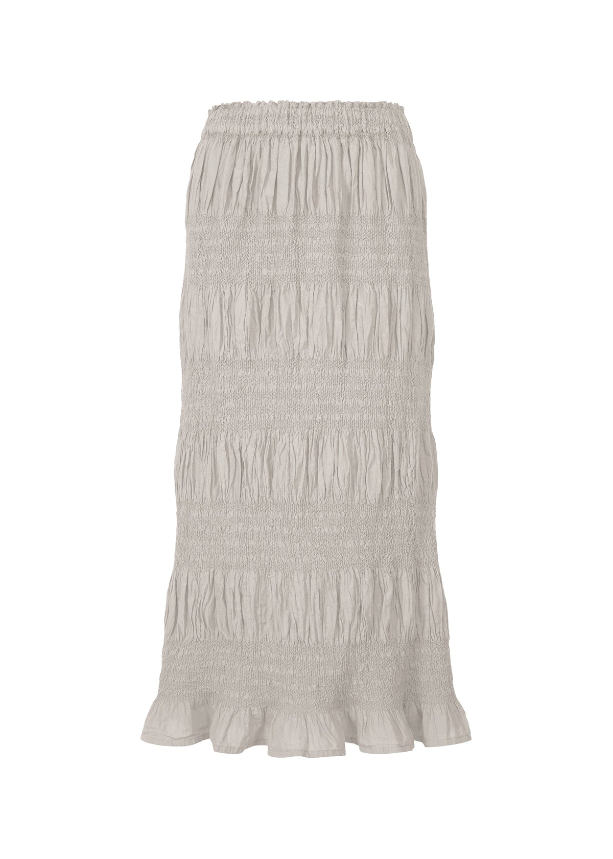 The SHRINK STRIPE skirt by me ISSEY MIYAKE features light gray, textured fabric with a subtle product-dyed finish, an elastic waistband, tiered ruching, and a flared ruffled hem. view 1 of 6