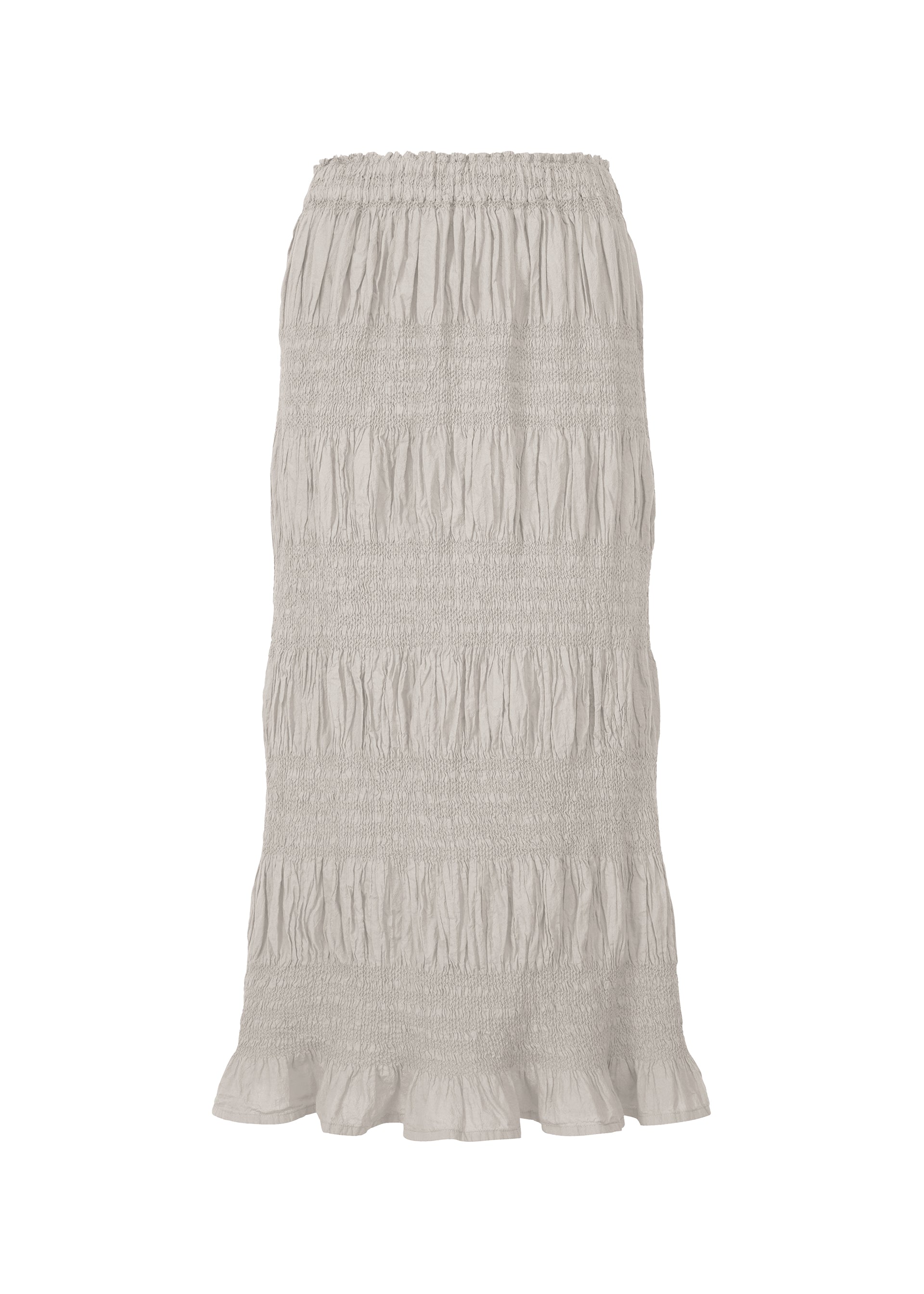 Zoomed view The SHRINK STRIPE skirt by me ISSEY MIYAKE features light gray, textured fabric with a subtle product-dyed finish, an elastic waistband, tiered ruching, and a flared ruffled hem. - LIGHT GRAY (no.11)