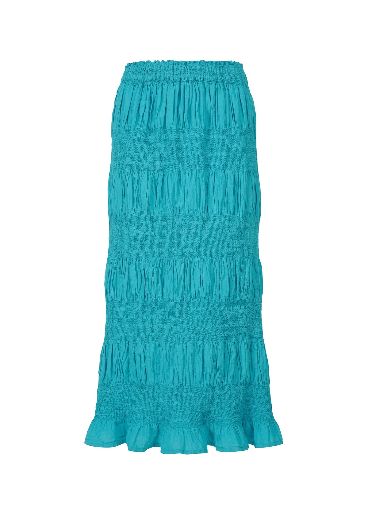 The SHRINK STRIPE by me ISSEY MIYAKE is a turquoise, ankle-length cotton blend skirt with a textured ruched design and ruffled hem, shown on a plain white background. view 3 of 6