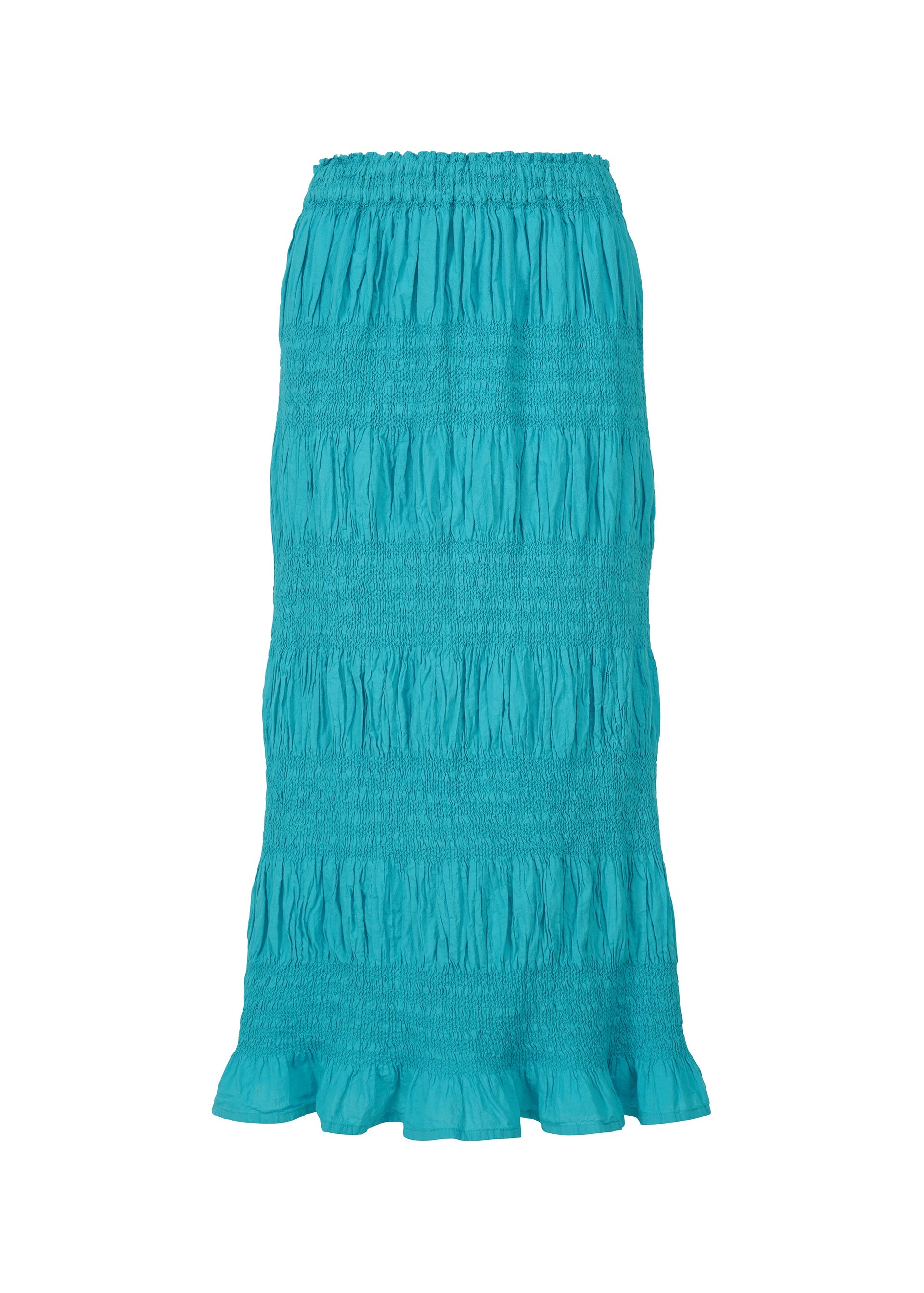 Zoomed view The SHRINK STRIPE by me ISSEY MIYAKE is a turquoise, ankle-length cotton blend skirt with a textured ruched design and ruffled hem, shown on a plain white background. - TURQUOISE (no.73)