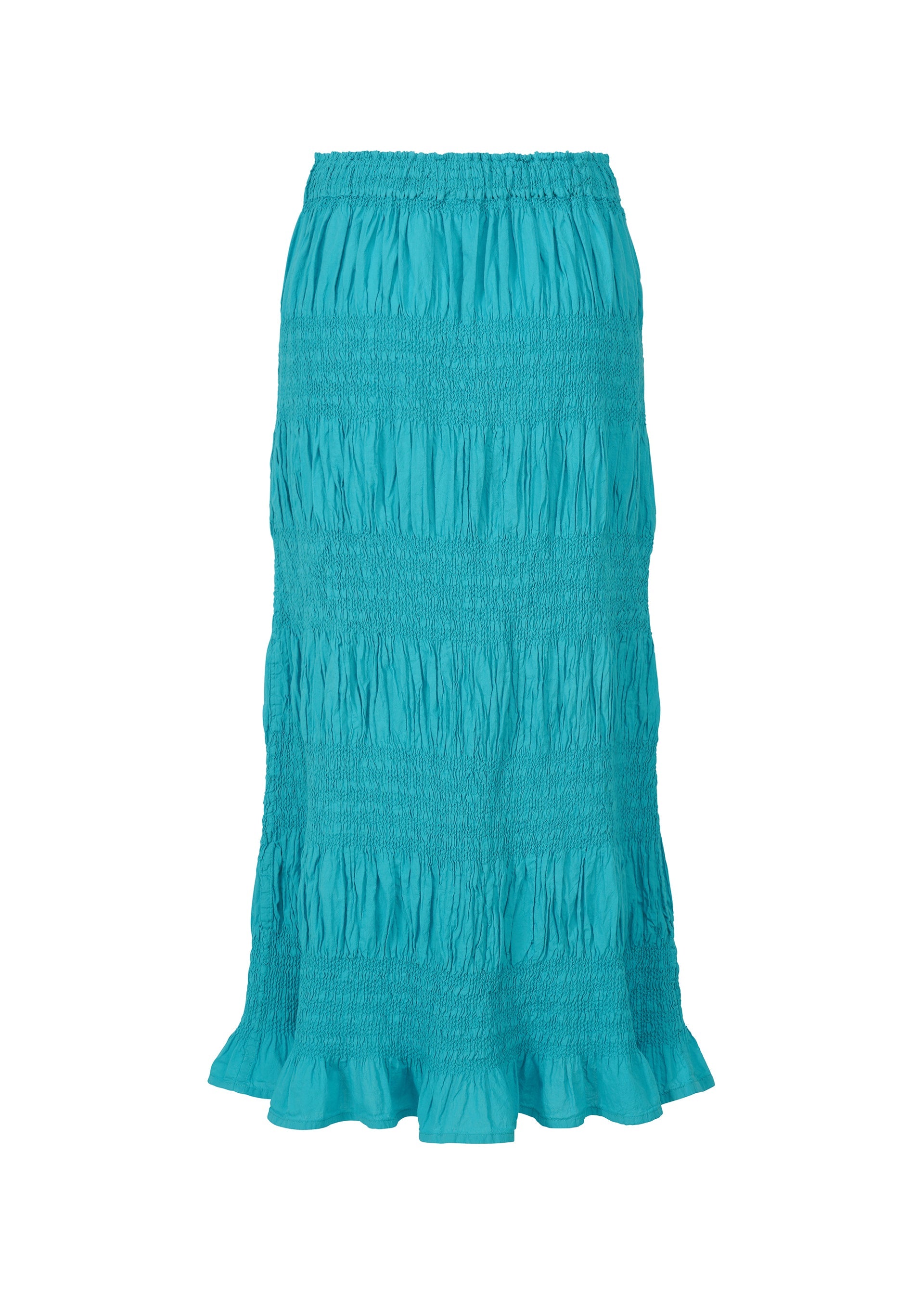 Zoomed view The SHRINK STRIPE skirt by me ISSEY MIYAKE is a turquoise, ankle-length cotton blend with a smocked, ruched texture and ruffled hem, shown on a plain white background.