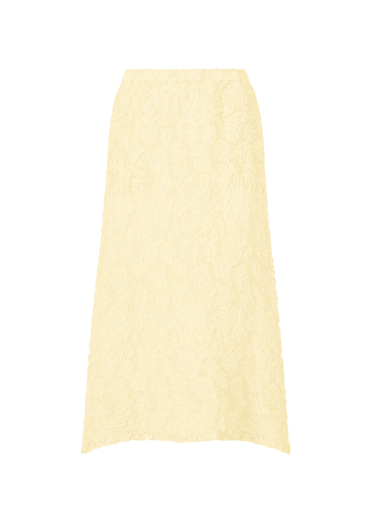 The SURPRISE BOX PRINT CAULIFLOWER skirt by me ISSEY MIYAKE is light yellow cotton with a subtle floral pattern, white pigment printing, and a straight textured midi silhouette, shown against a plain white background. view 1 of 6