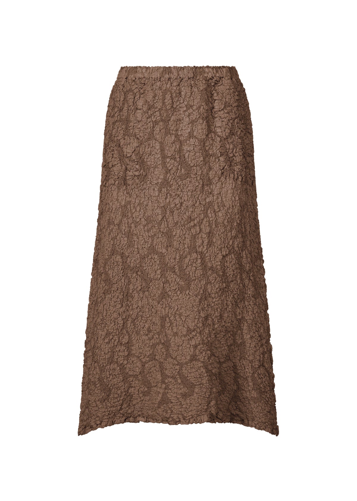 The SURPRISE BOX PRINT CAULIFLOWER skirt by me ISSEY MIYAKE features brown, textured cotton with a white pigment floral print and a straight midi silhouette, displayed on a white background. view 3 of 6