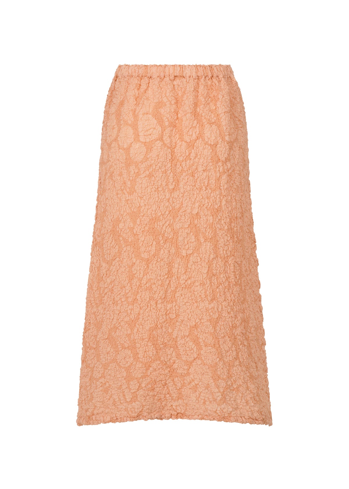 A knee-length, peach cotton skirt made from textured boucle fabric with an elastic waistband, the SURPRISE BOX PRINT CAULIFLOWER by me ISSEY MIYAKE is displayed against a plain white background. view 4 of 6