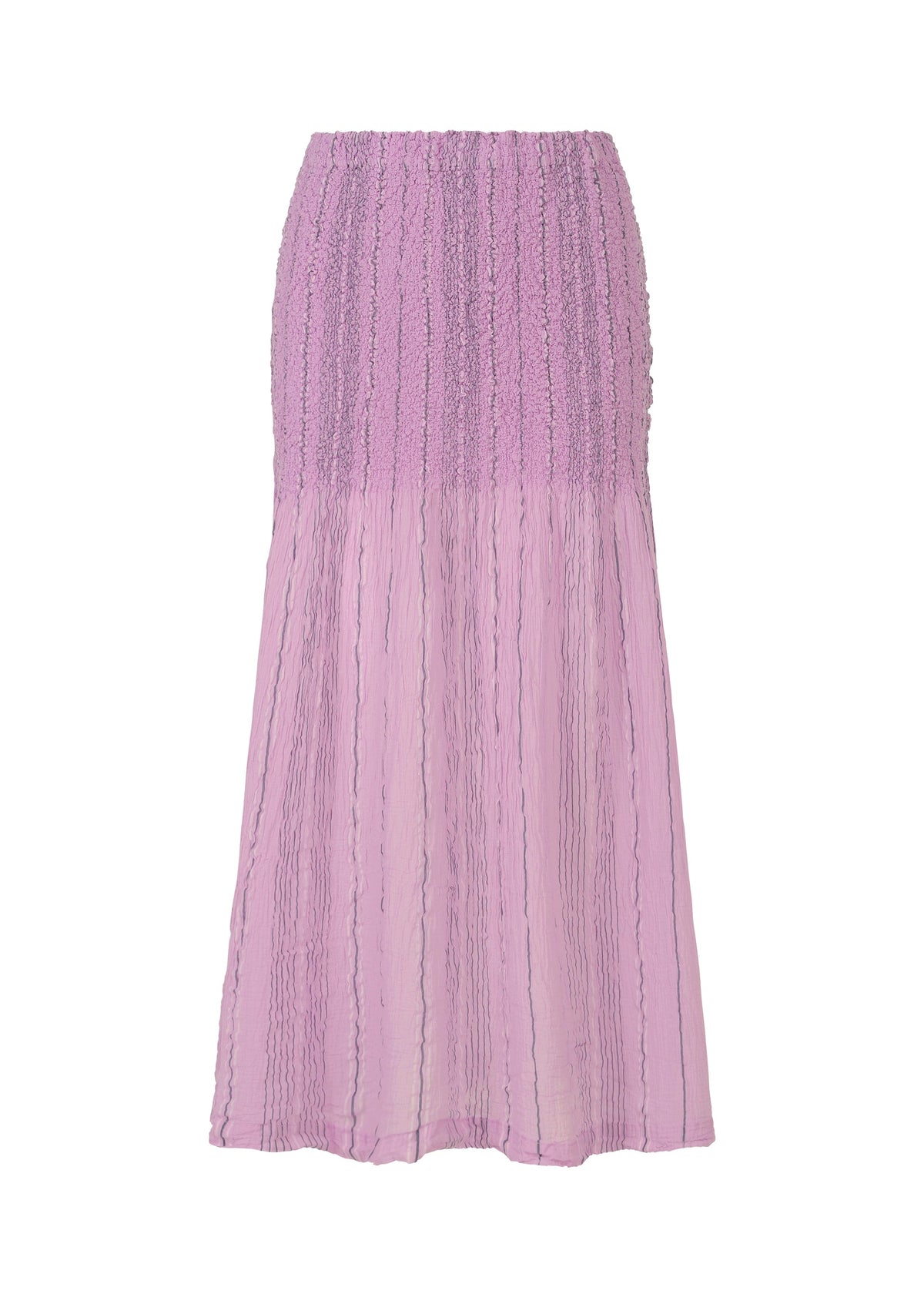The SHIRT STRIPE CAULIFLOWER skirt by me ISSEY MIYAKE features a long, light purple design with a ruched textured top and flowy crinkled bottom, shown against a white background. view 1 of 6