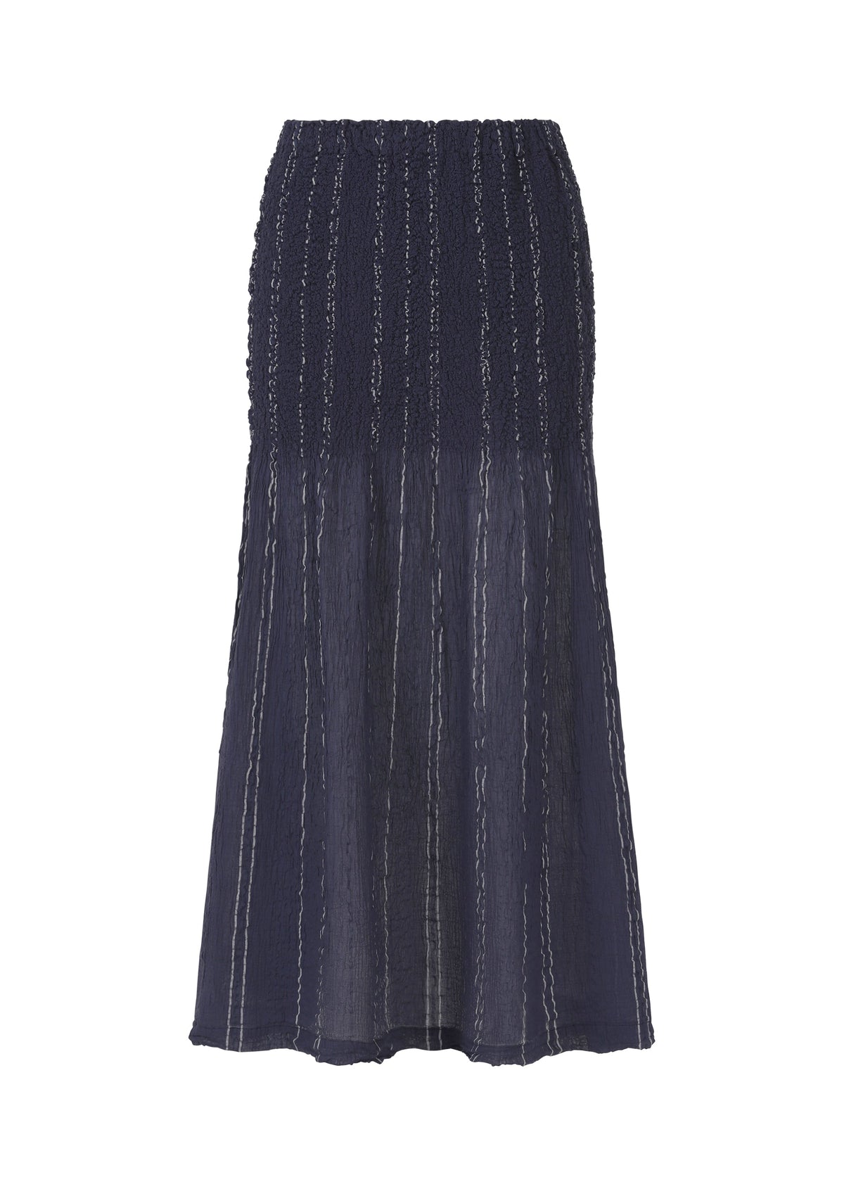 The SHIRT STRIPE CAULIFLOWER skirt by me ISSEY MIYAKE is a long, dark navy cotton skirt with a textured, fitted top and a slightly flared, semi-sheer lower section featuring vertical shirt stripes. view 2 of 6