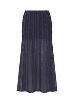 The SHIRT STRIPE CAULIFLOWER skirt by me ISSEY MIYAKE is a long, dark navy cotton skirt with a textured, fitted top and a slightly flared, semi-sheer lower section featuring vertical shirt stripes. - NAVY-HUED (no.79)