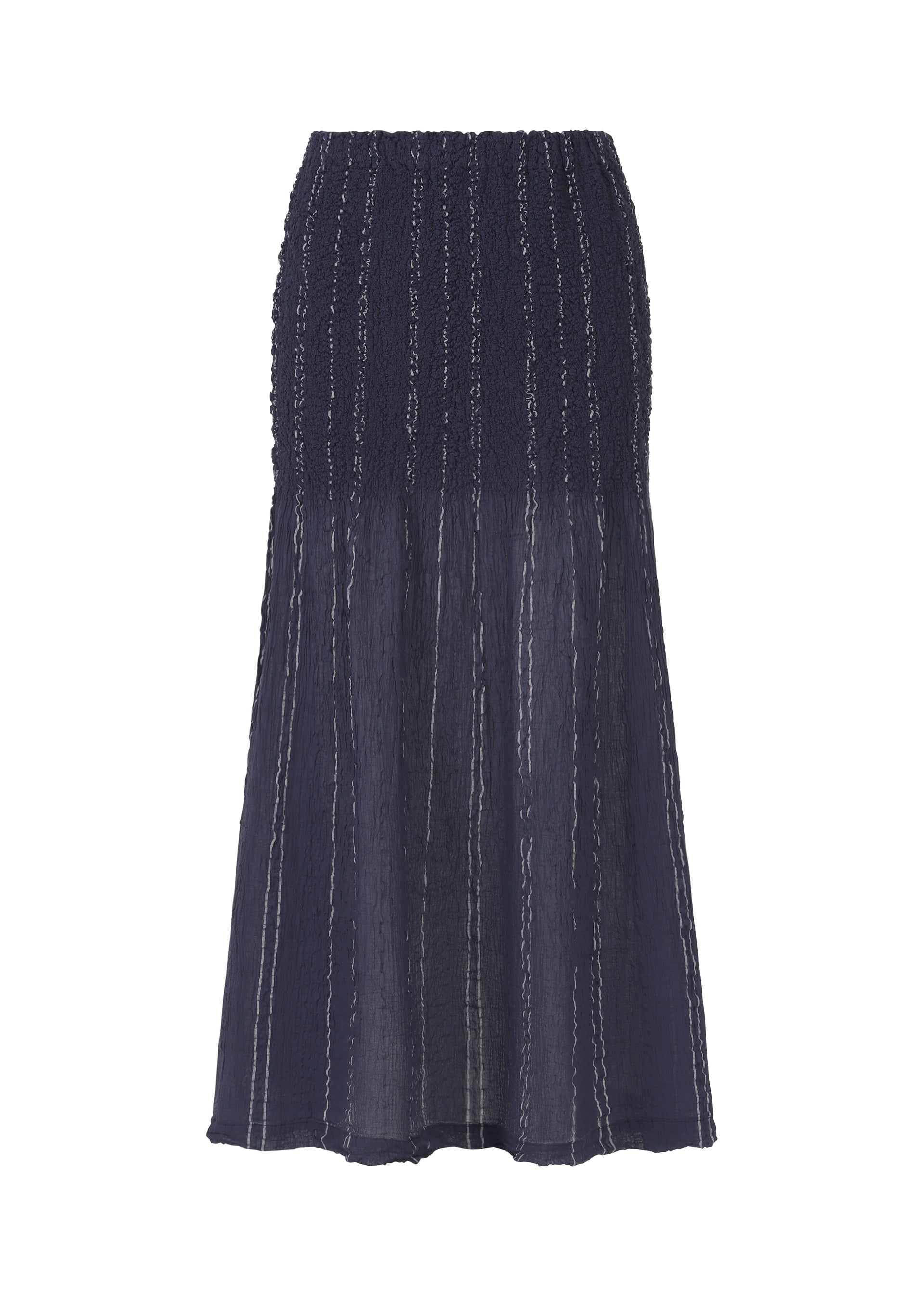 Zoomed view The SHIRT STRIPE CAULIFLOWER skirt by me ISSEY MIYAKE is a long, dark navy cotton skirt with a textured, fitted top and a slightly flared, semi-sheer lower section featuring vertical shirt stripes. - NAVY-HUED (no.79)