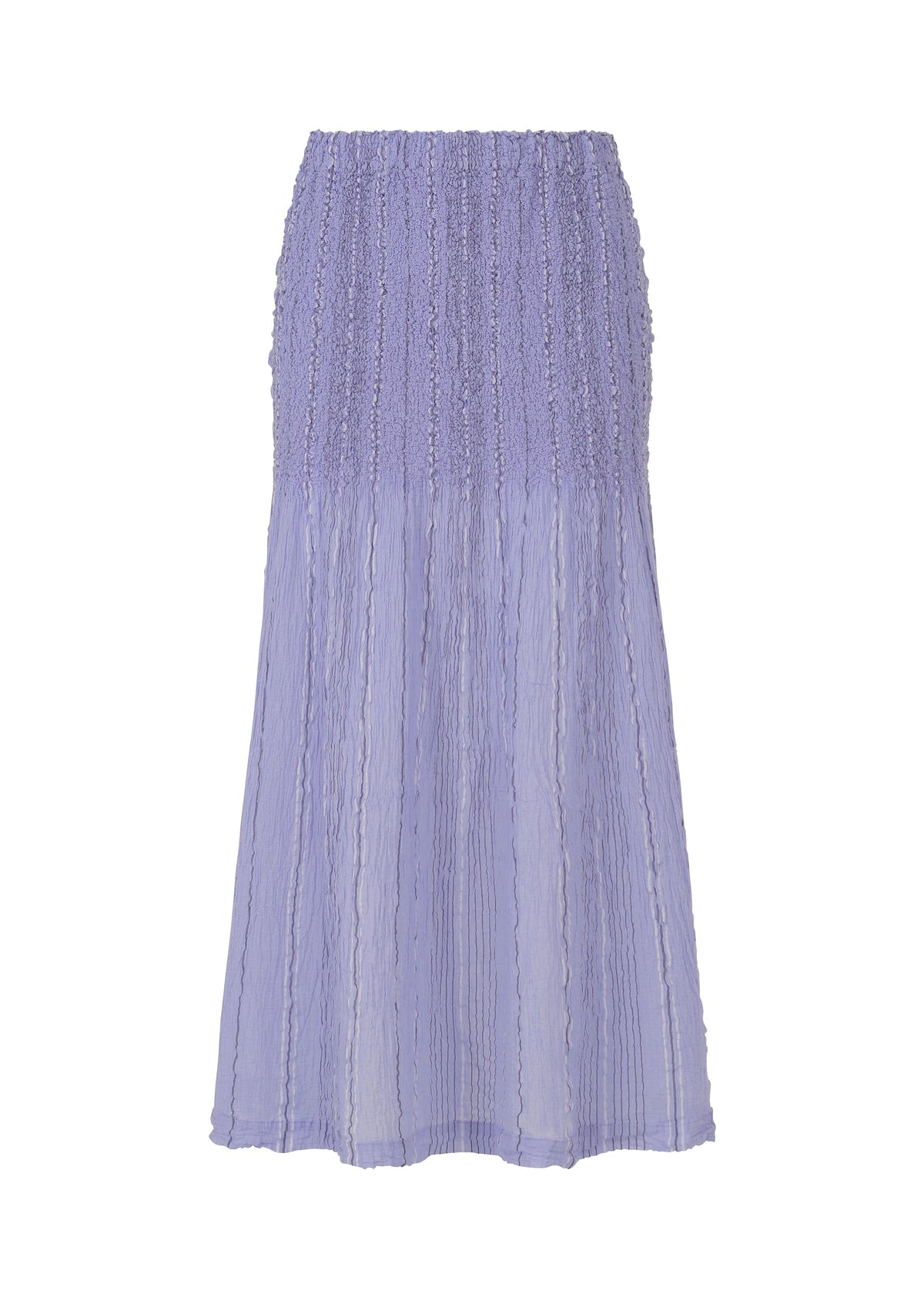 The SHIRT STRIPE CAULIFLOWER by me ISSEY MIYAKE is a lavender, ankle-length cotton skirt with a ruched upper section, flowy semi-sheer lower half, and vertical crinkle detailing evoking subtle shirt stripes. view 3 of 6