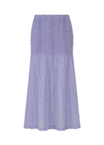 The SHIRT STRIPE CAULIFLOWER by me ISSEY MIYAKE is a lavender, ankle-length cotton skirt with a ruched upper section, flowy semi-sheer lower half, and vertical crinkle detailing evoking subtle shirt stripes. - LAVENDER-HUED (no.88)