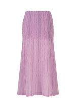 The SHIRT STRIPE CAULIFLOWER skirt by me ISSEY MIYAKE is a lavender, mid-length cotton piece featuring a textured, ruched upper and pleated, sheer lower section that flares gently.