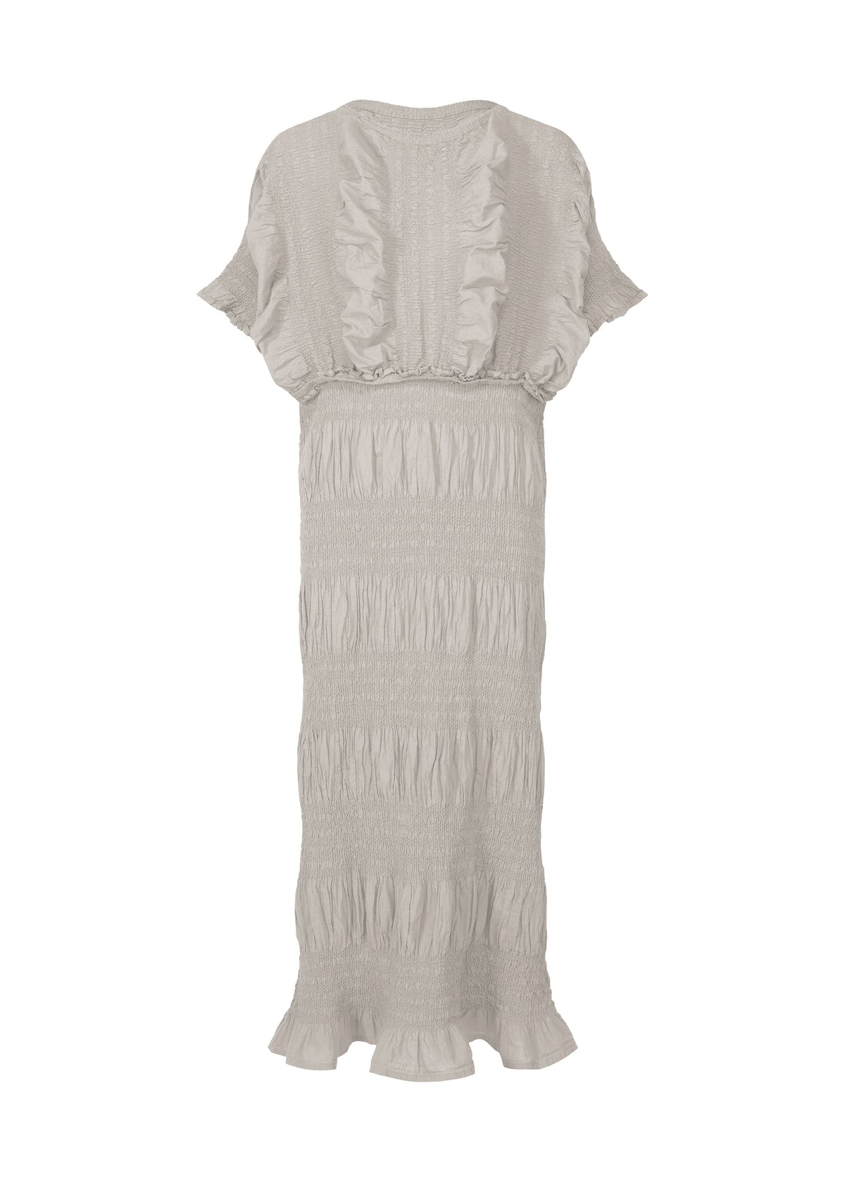 The SHRINK STRIPE dress by me ISSEY MIYAKE is a light gray, ankle-length, short-sleeved cotton blend with a relaxed fit, ruffled accents at the chest, waist and hem, textured gathered fabric, and a unique product-dyeing finish. view 1 of 6