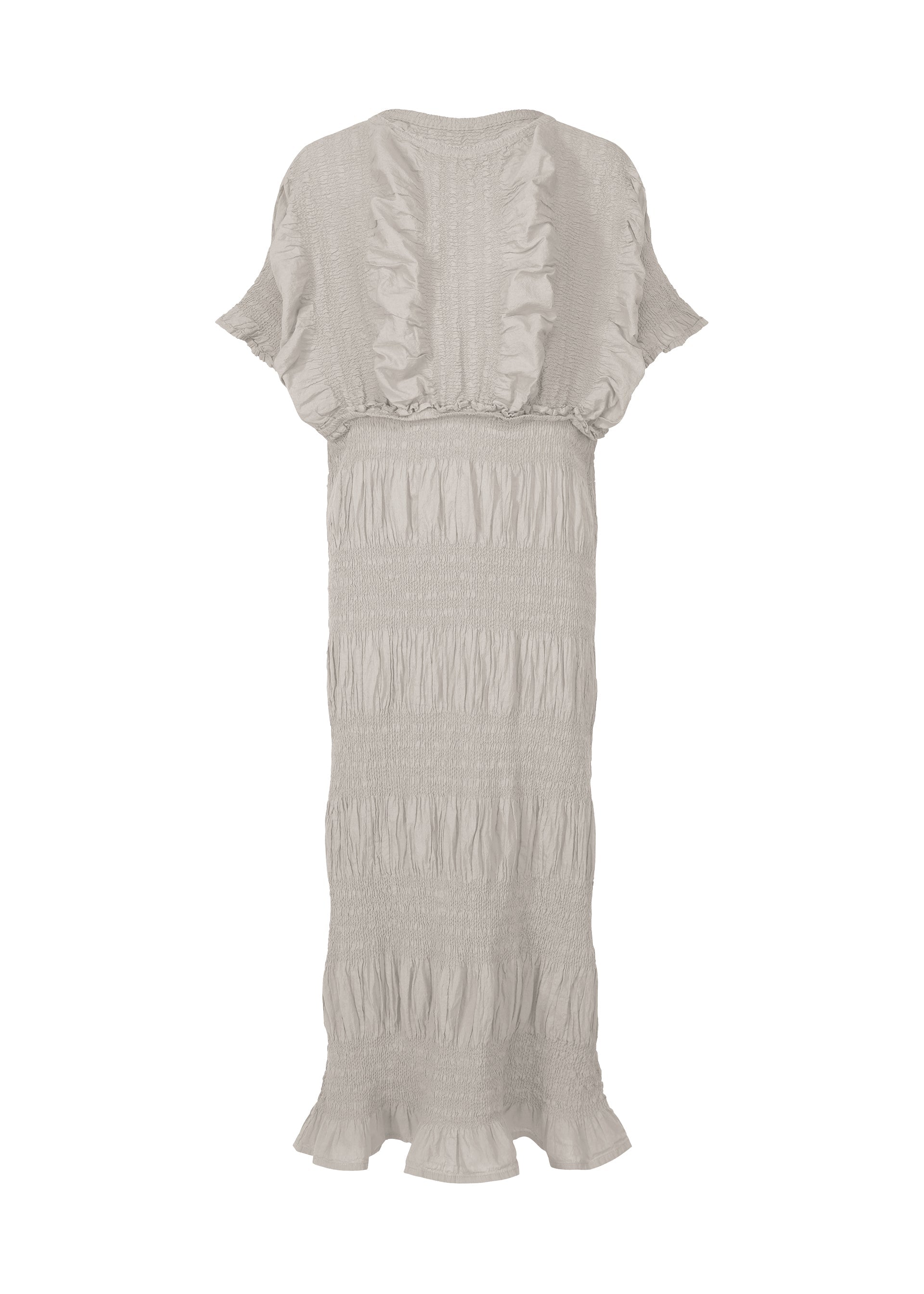 Zoomed view The SHRINK STRIPE dress by me ISSEY MIYAKE is a light gray, ankle-length, short-sleeved cotton blend with a relaxed fit, ruffled accents at the chest, waist and hem, textured gathered fabric, and a unique product-dyeing finish. - LIGHT GRAY （no.11）