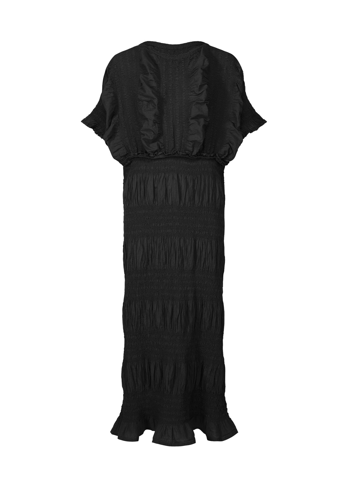 The SHRINK STRIPE dress by me ISSEY MIYAKE is a long black cotton-blend piece with ruffled short sleeves and hem, ruched details, a loose silhouette, and subtle product-dyeing. view 2 of 6
