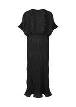 The SHRINK STRIPE dress by me ISSEY MIYAKE is a long black cotton-blend piece with ruffled short sleeves and hem, ruched details, a loose silhouette, and subtle product-dyeing. - BLACK （no.15）