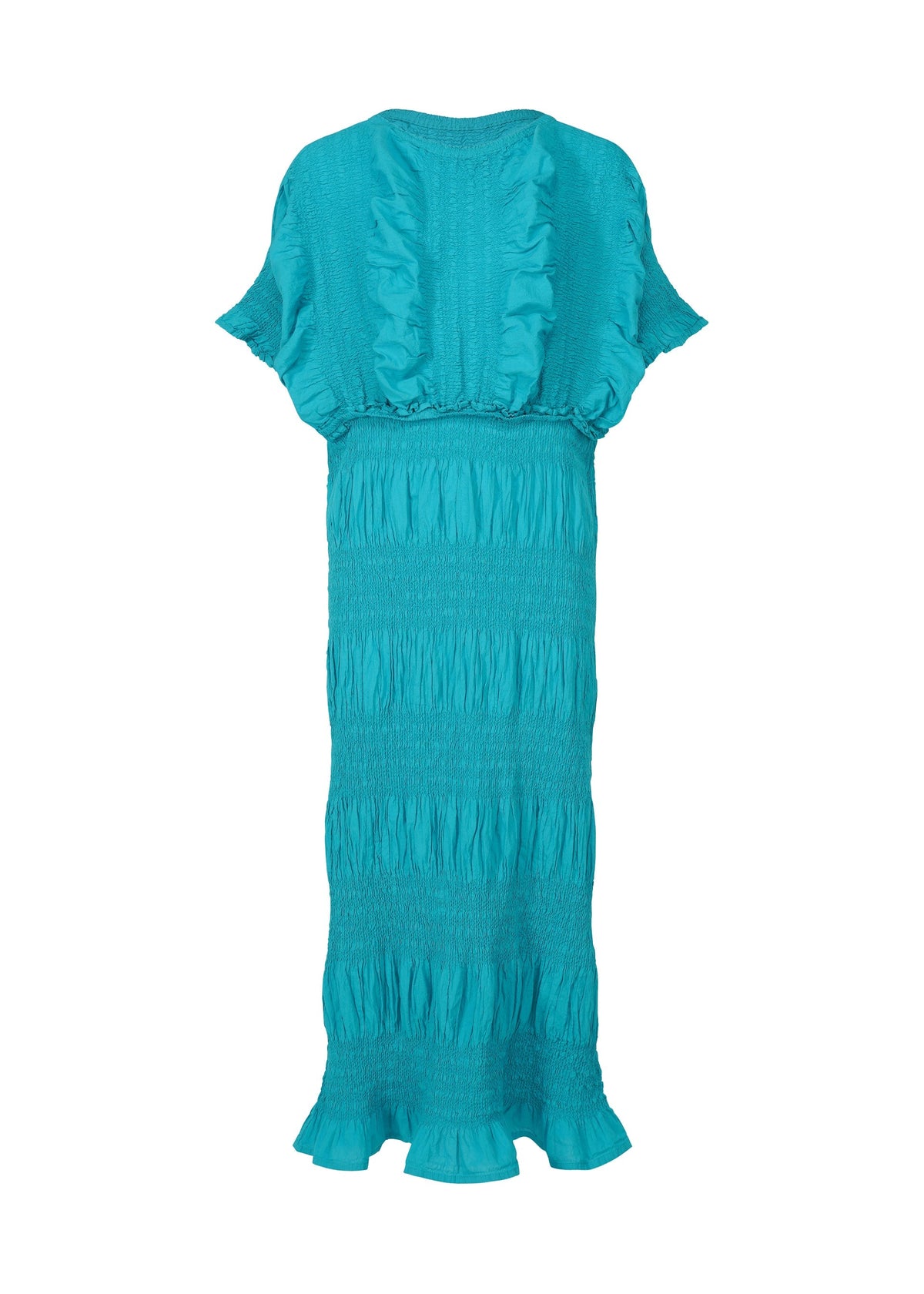 The SHRINK STRIPE by me ISSEY MIYAKE is a turquoise, short-sleeve, ankle-length cotton blend dress featuring a textured ruched design with ruffle accents on the bodice, waist, and hem. view 3 of 6