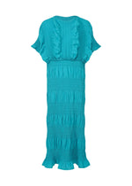 The SHRINK STRIPE by me ISSEY MIYAKE is a turquoise, short-sleeve, ankle-length cotton blend dress featuring a textured ruched design with ruffle accents on the bodice, waist, and hem. - TURQUOISE （no.73）