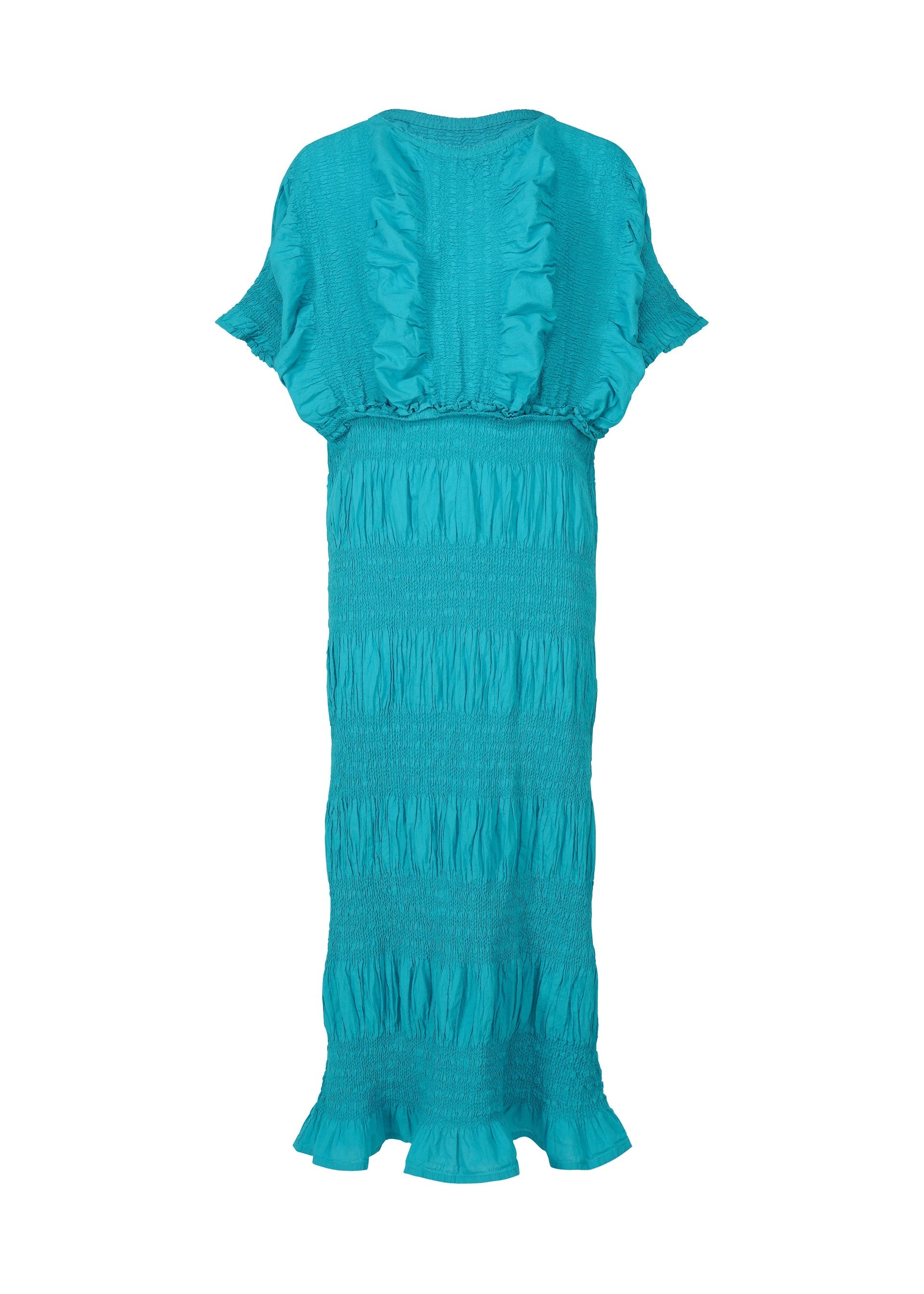 Zoomed view The SHRINK STRIPE by me ISSEY MIYAKE is a turquoise, short-sleeve, ankle-length cotton blend dress featuring a textured ruched design with ruffle accents on the bodice, waist, and hem. - TURQUOISE （no.73）