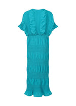 The SHRINK STRIPE dress by me ISSEY MIYAKE is a turquoise cotton blend, short-sleeve, ankle-length design with textured ruching and ruffled hem and sleeves, shown on a white background.