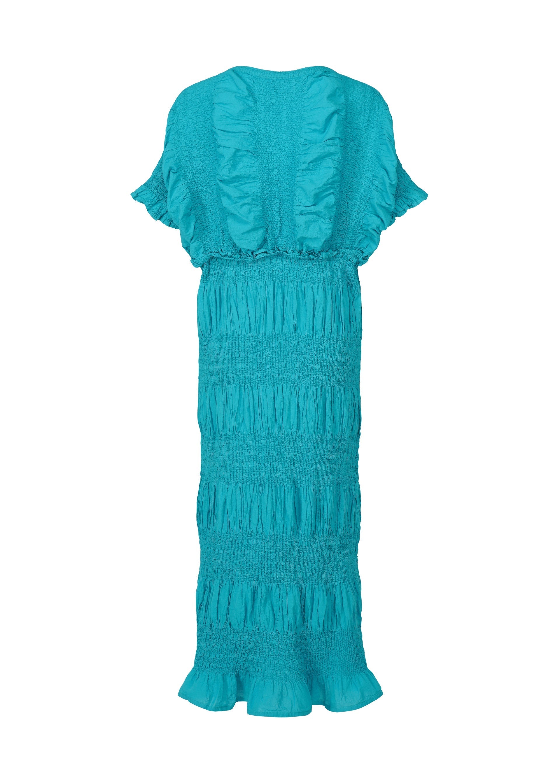 Zoomed view The SHRINK STRIPE dress by me ISSEY MIYAKE is a turquoise cotton blend, short-sleeve, ankle-length design with textured ruching and ruffled hem and sleeves, shown on a white background.