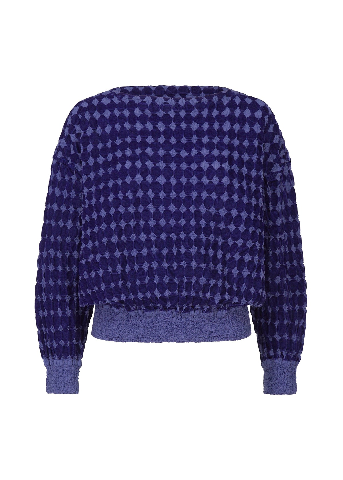 The DIAMOND FLOCKY CAULIFLOWER sweater by me ISSEY MIYAKE features long sleeves, a textured deep blue fabric with geometric diamond-patterned flocking, ribbed cuffs and waistband, displayed from the back on a white background. view 2 of 6