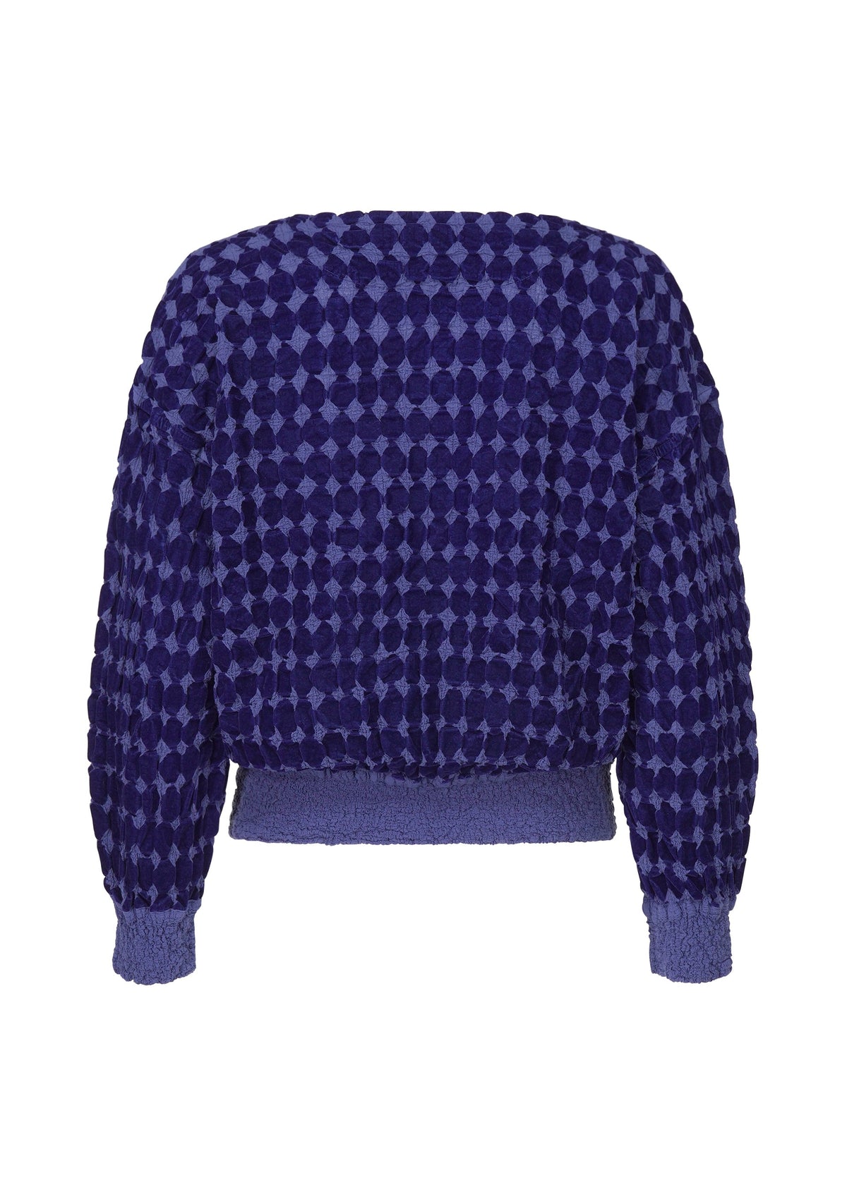 The DIAMOND FLOCKY CAULIFLOWER top by me ISSEY MIYAKE is a dark blue, long-sleeved piece with diamond-patterned flock printing, a textured geometric design, and ribbed hem and cuffs, shown from the back. view 3 of 6