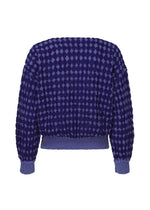 The DIAMOND FLOCKY CAULIFLOWER top by me ISSEY MIYAKE is a dark blue, long-sleeved piece with diamond-patterned flock printing, a textured geometric design, and ribbed hem and cuffs, shown from the back.