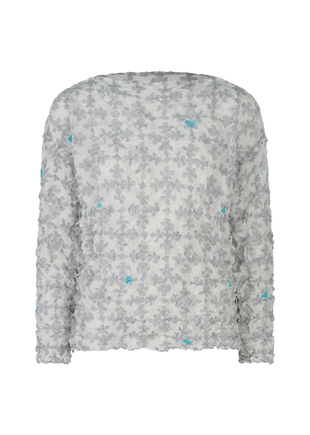 The SUIT MERINGUE TOP by me ISSEY MIYAKE is a sheer white, round-neck, long-sleeved blouse with an all-over 3D grey floral pattern and blue flower accents. It features a straight neckline and loose fit for effortless style. view 1 of 8