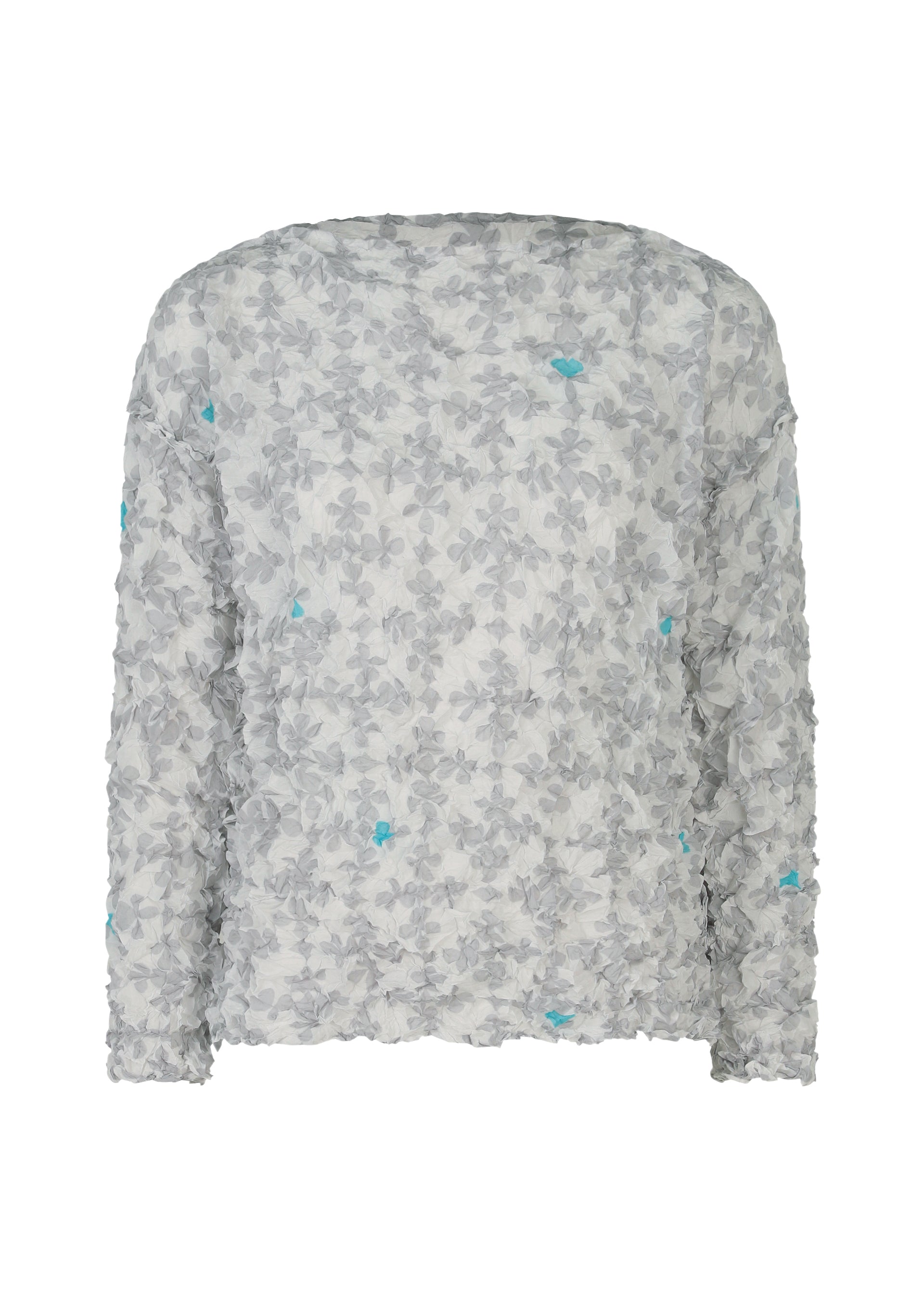Zoomed view The SUIT MERINGUE TOP by me ISSEY MIYAKE is a sheer white, round-neck, long-sleeved blouse with an all-over 3D grey floral pattern and blue flower accents. It features a straight neckline and loose fit for effortless style. - GRAY-HUED （no.17）