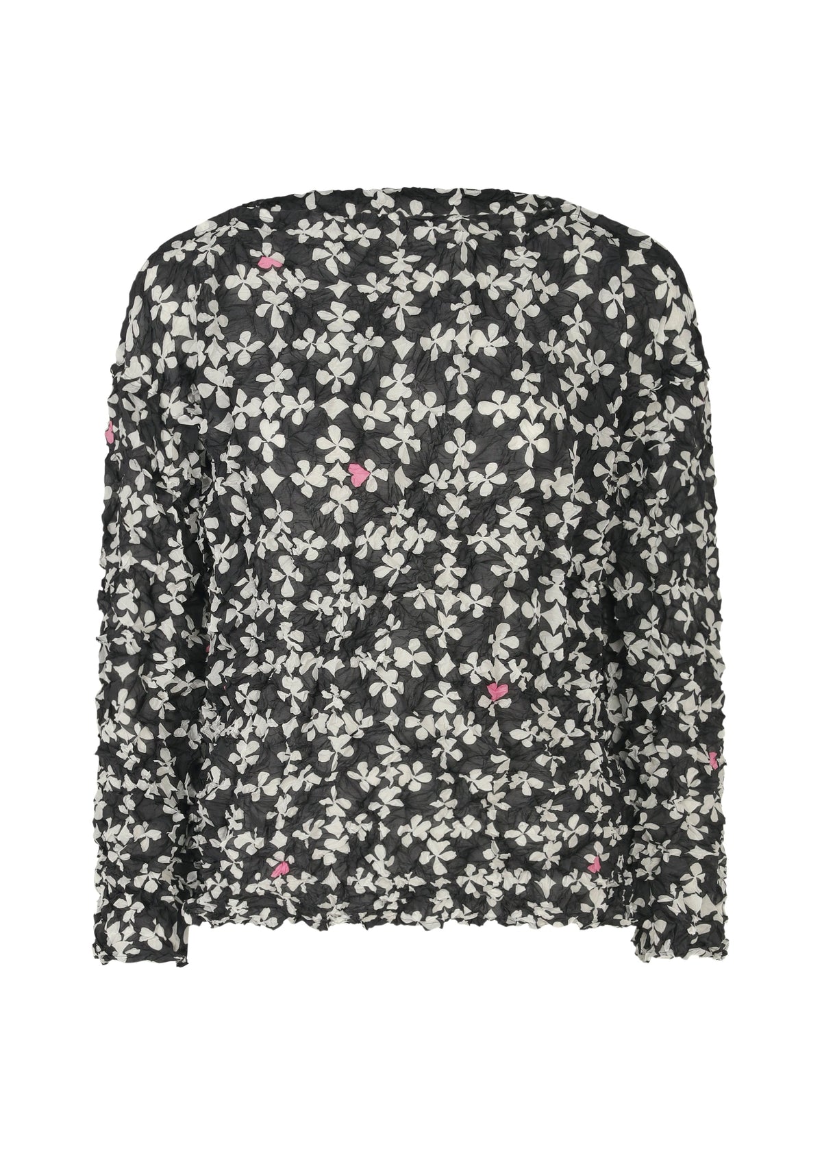 The SUIT MERINGUE TOP by me ISSEY MIYAKE is a black, round-neck, long-sleeved top with a textured pattern of white flowers and pink accents, shown against a white background. view 2 of 8