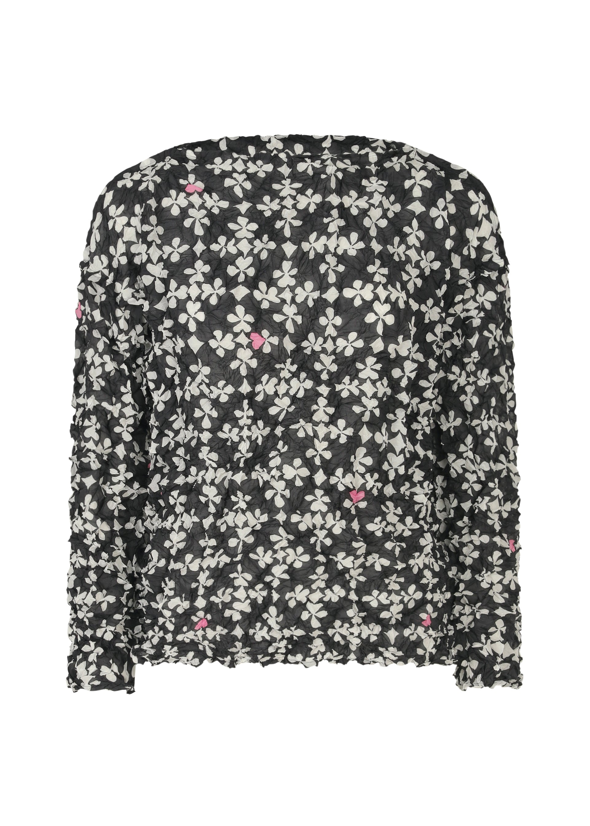 Zoomed view The SUIT MERINGUE TOP by me ISSEY MIYAKE is a black, round-neck, long-sleeved top with a textured pattern of white flowers and pink accents, shown against a white background. - BLACK-HUED （no.18）