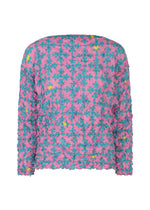 The SUIT MERINGUE TOP by me ISSEY MIYAKE is a crushed pleat, round-neck, long-sleeved top in textured pink with blue, green, and yellow floral patterns. Raised flowers create a unique three-dimensional effect. - PINK-HUED （no.28）