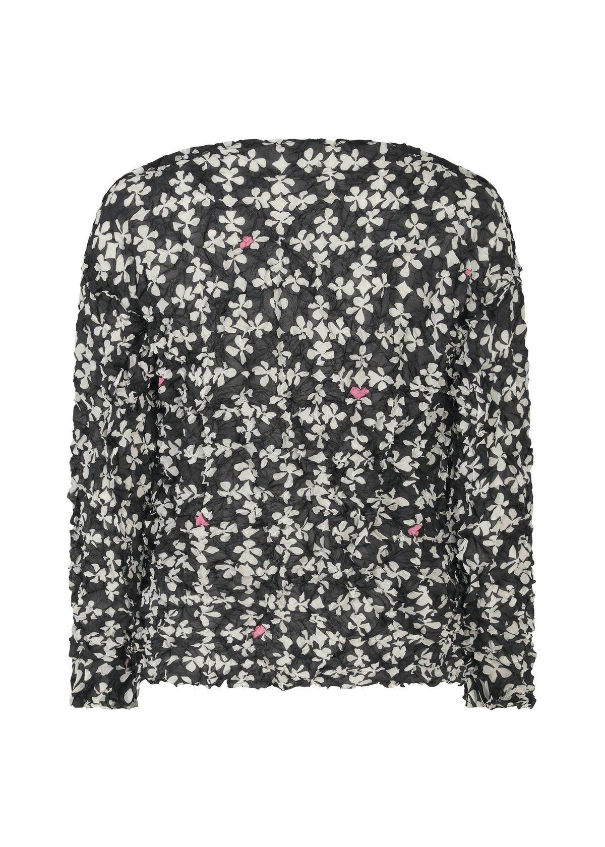 The SUIT MERINGUE TOP by me ISSEY MIYAKE is a black, round-neck, long-sleeved top with white floral and pink accents and a crushed pleat texture, shown against a white background. view 4 of 8