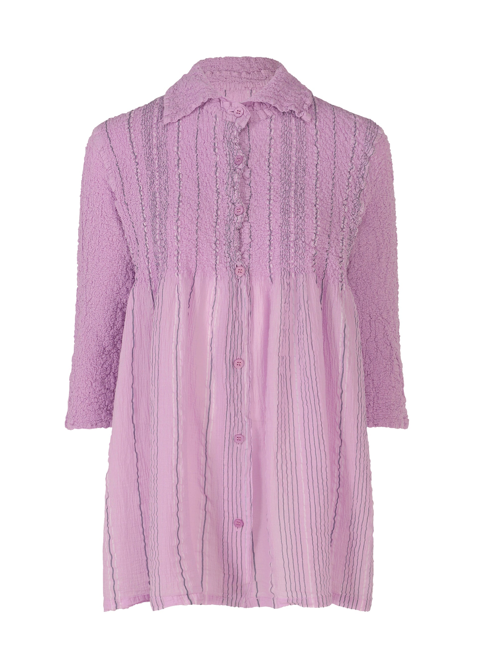 Zoomed view The SHIRT STRIPE CAULIFLOWER by me ISSEY MIYAKE is a light purple cotton long-sleeved shirt with textured vertical stripes, a collar, and a loose fit featuring subtle gathers below the chest. - LILAC-HUED (no.27)