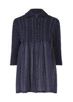 The SHIRT STRIPE CAULIFLOWER by me ISSEY MIYAKE is a navy long-sleeved cotton shirt with a textured upper, vertical white stripes, collar, front buttons, and a lightweight semi-sheer lower half for unique style. - NAVY-HUED (no.79)