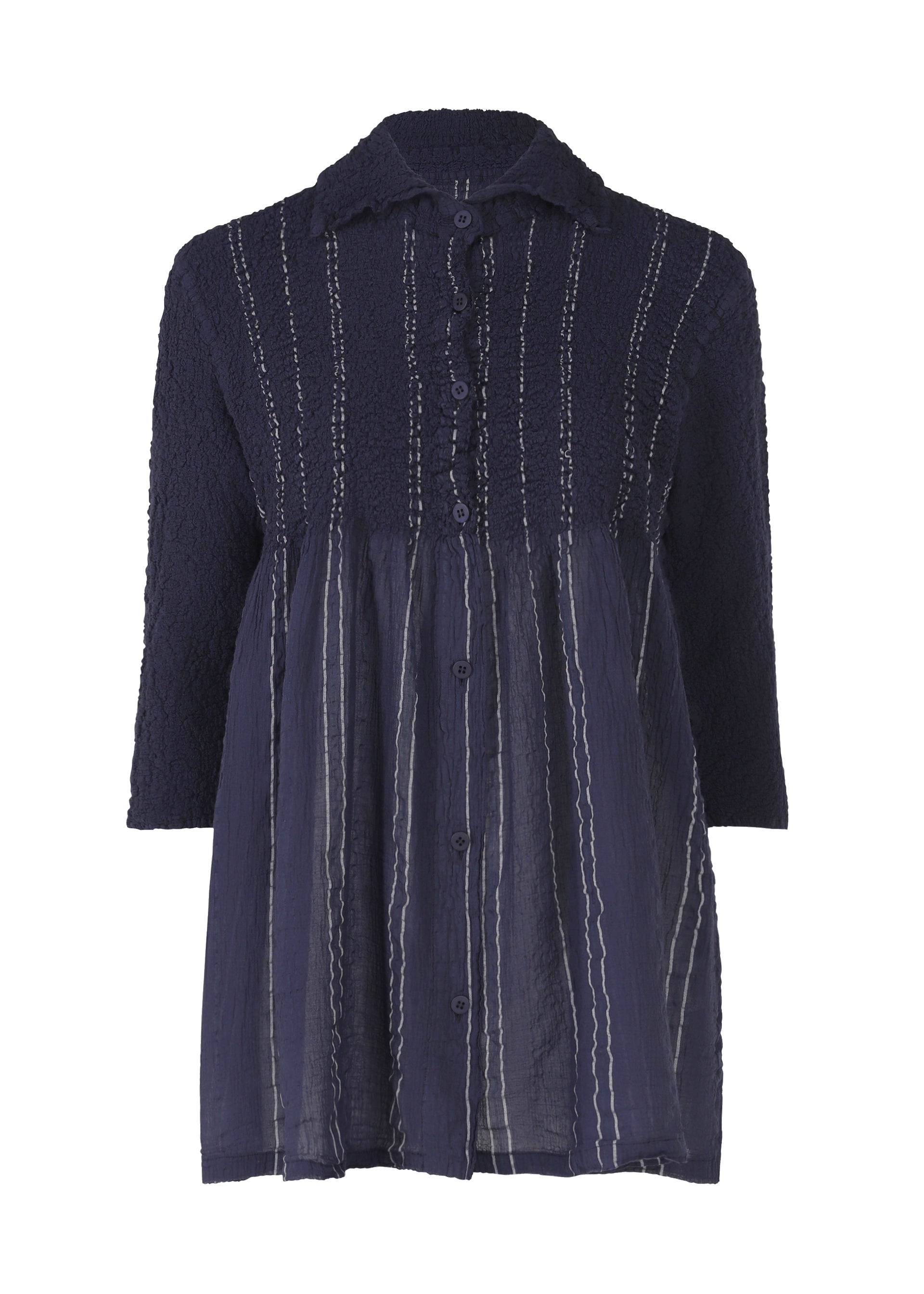 Zoomed view The SHIRT STRIPE CAULIFLOWER by me ISSEY MIYAKE is a navy long-sleeved cotton shirt with a textured upper, vertical white stripes, collar, front buttons, and a lightweight semi-sheer lower half for unique style. - NAVY-HUED (no.79)